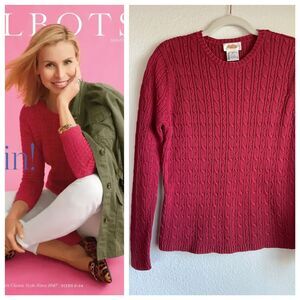 Vintage Y2K Talbots 100% Cotton Cable Knit Crew Neck Long Sleeve Sweater in Red